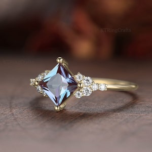 Princess cut Alexandrite Engagement ring,Vintage Color Change ring,Art Deco Diamond Cluster ring,Solid Yellow Gold ring,Handmade Jewewlry image 4