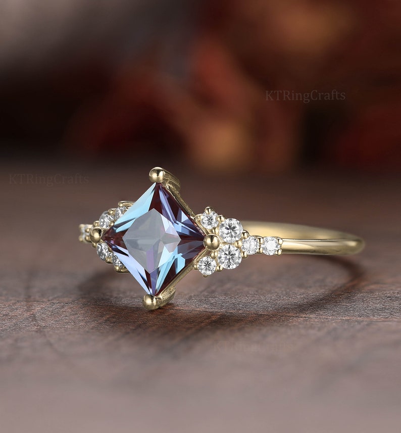 Princess cut Alexandrite Engagement ring,Vintage Color Change ring,Art Deco Diamond Cluster ring,Solid Yellow Gold ring,Handmade Jewewlry image 4