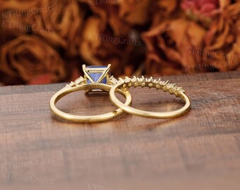 プリンセスカットサファイアエンゲージリングセット 14Kゴールドラボ