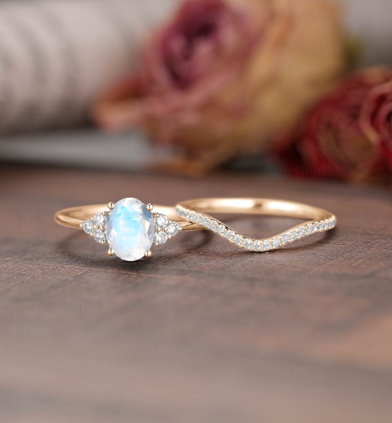 Dainty Moonstone Engagement Ring Set,oval Moonstone Ring,vintage