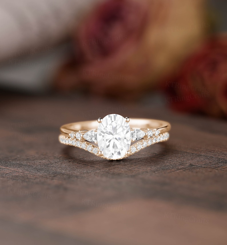 Dainty Moissanite Engagement Ring Set, 1.5ct Oval Moissanite Ring, Vintage Rose Gold Cluster Ring, Art Deco Curved Wedding band, Bridal set image 2