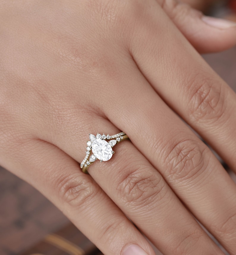 Oval cut Moissanite Engagement Ring set,Stacking ring.14K/18K Rose Gold,vintage Unique pear diamond Cluster ring women, wedding Bridal ring image 10