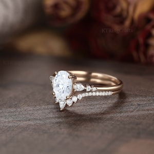 Oval cut Moissanite Engagement Ring set,Stacking ring.14K/18K Rose Gold,vintage Unique pear diamond Cluster ring women, wedding Bridal ring image 4