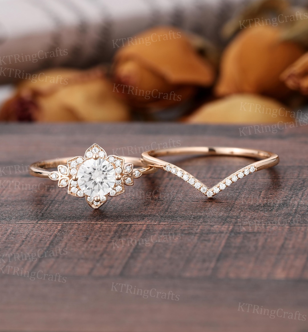 Unique Moissanite Flower Engagement Ring Setvintage Etsy