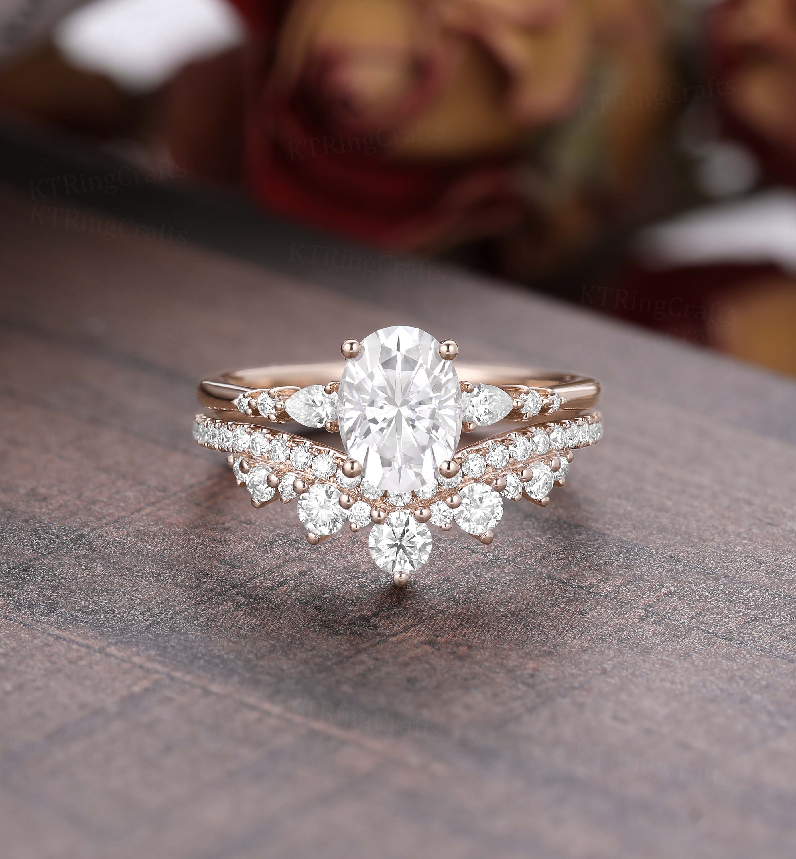 14k Rose Gold Moissanite Wedding Ring Set Oval Engagement Ring Set 14k Rose Gold Moissanite Wedding Ring Set Oval Engagement Ring Set