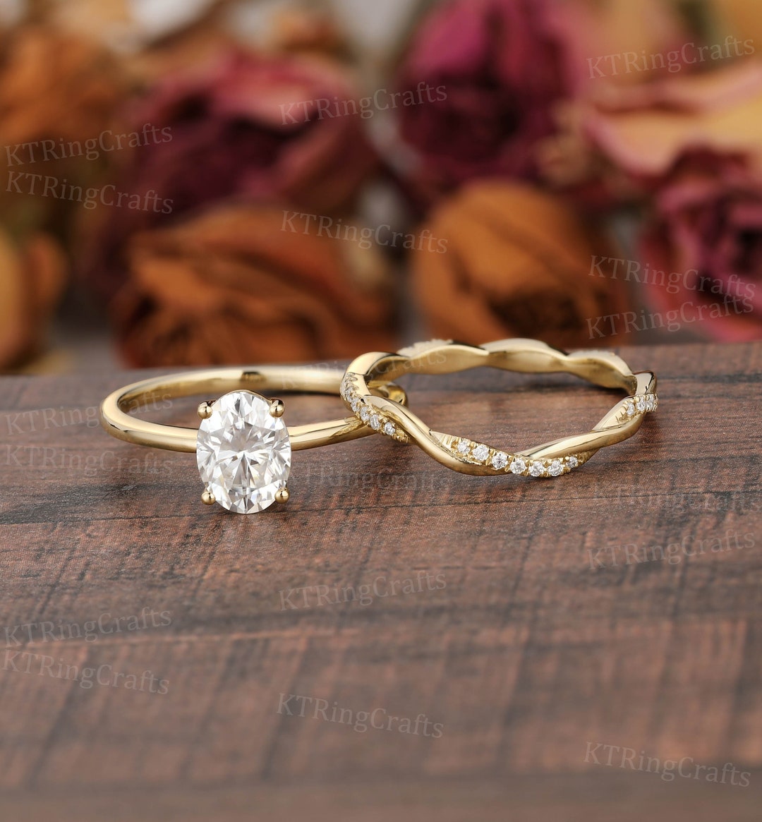 Oval Solitaire Moissanite Engagement Ring Set, 14k Yellow Gold ...