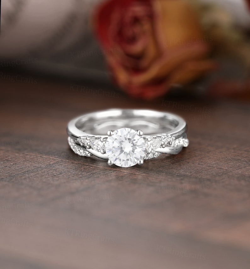 Vintage Moissanite Engagement Ring Set,Round cut Moissanite ring,Diamond Cluster ring,Rose Gold Bridal ring,Twisted Wedding band,Unique ring image 6