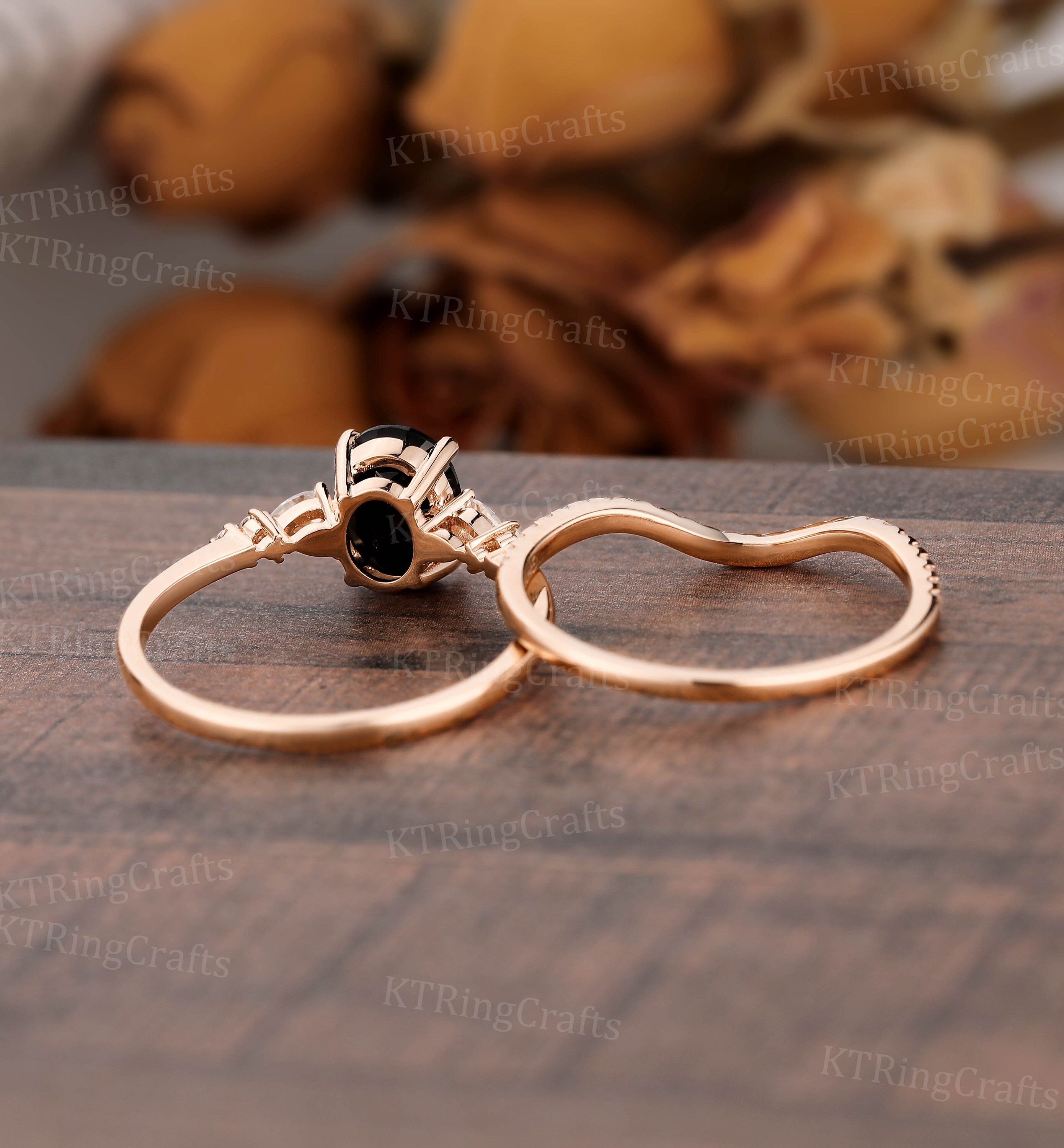 楕円形のブラックオニキスエンゲージリングセット、ヴィンテージ