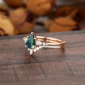 Blue Green Sapphire Engagement Ring Set,vintage Teal Sapphire ...