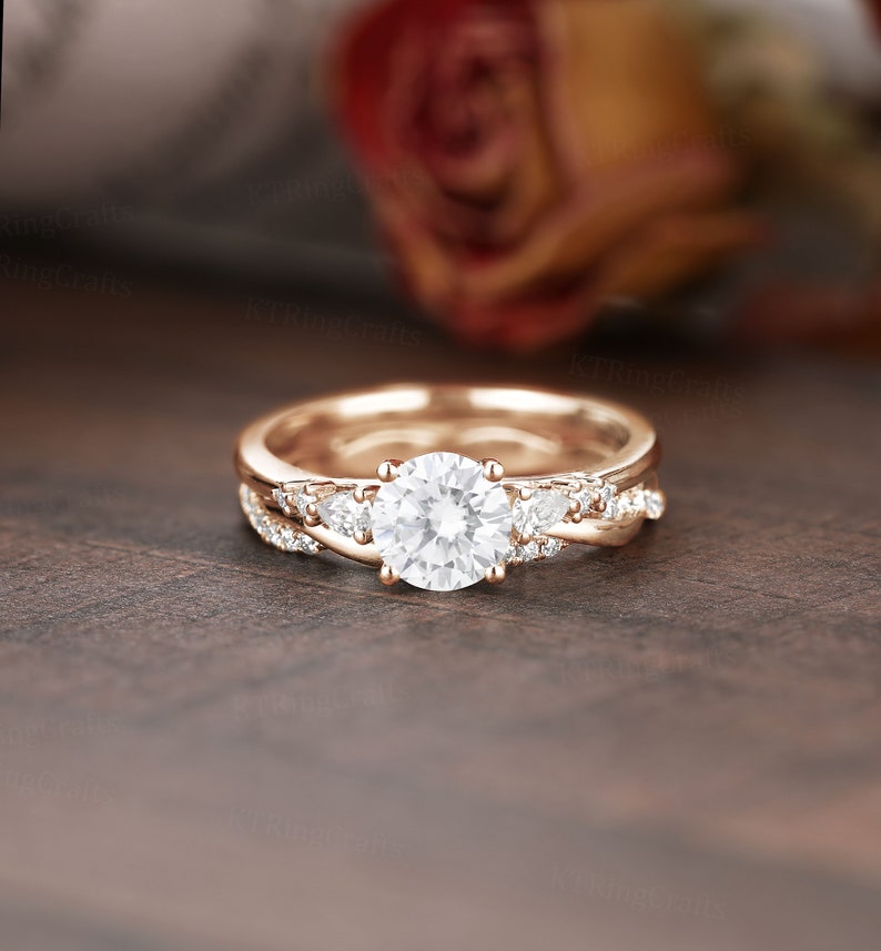 Vintage Moissanite Engagement Ring Set,Round cut Moissanite ring,Diamond Cluster ring,Rose Gold Bridal ring,Twisted Wedding band,Unique ring image 2