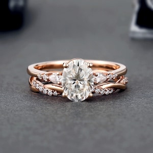 Oval Moissanite Engagement Ring Set, Rose Gold Bridal Set, Vintage Bridal Ring