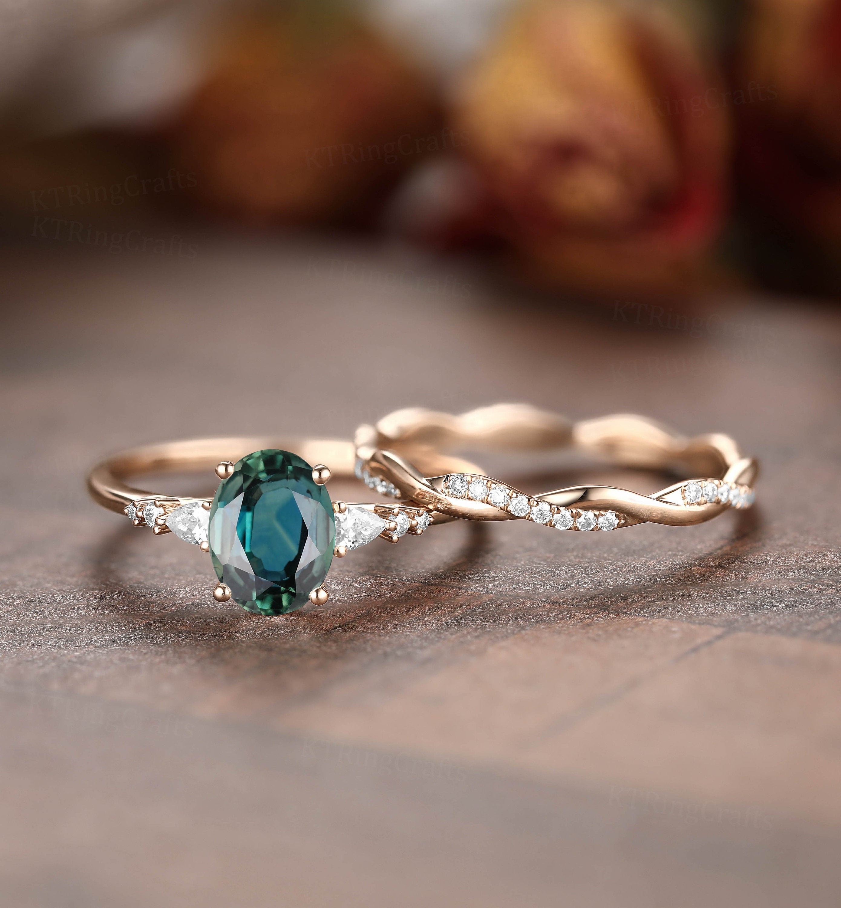 Green Blue Sapphire Engagement Ring Set,Oval cut Teal Sapphire Engagement ring Set,vintage Unique pear diamond ring.Rose Gold Twisted Band