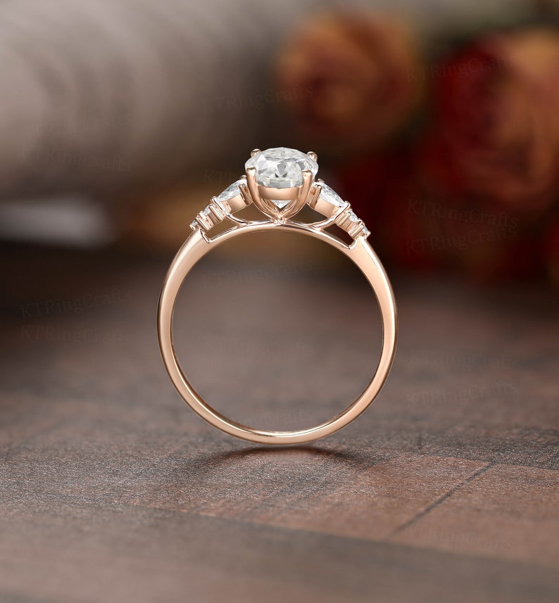 Oval cut Moissanite Engagement Ring Set,Stacking ring.14K/18K Rose Gold,vintage Unique pear diamond Cluster ring women,Twisted band image 10