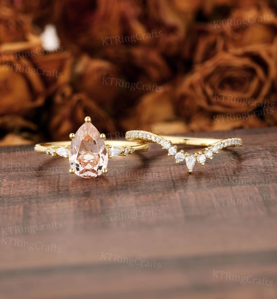 Conjunto de anillo de compromiso de morganita vintage de oro de 14