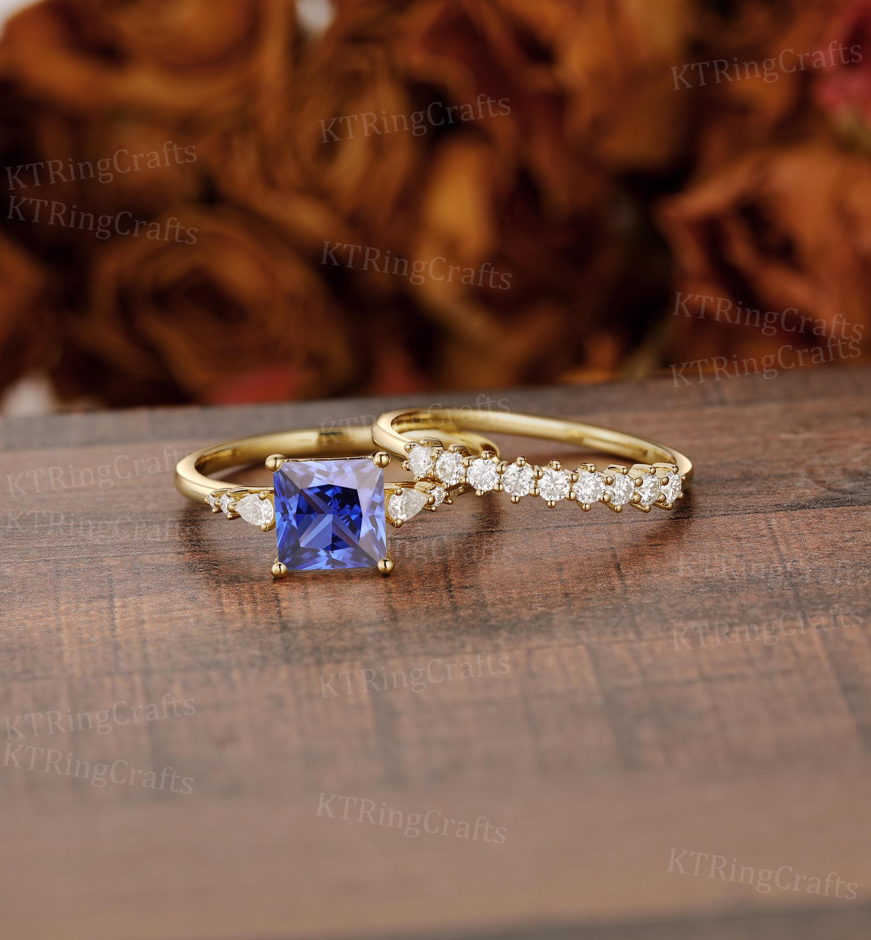 プリンセスカットサファイアエンゲージリングセット 14Kゴールドラボ