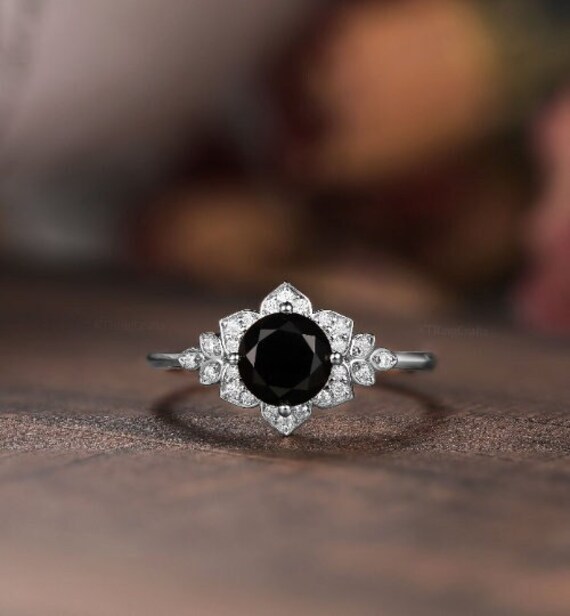Vintage Black Onyx Engagement Ring round Black Onyx Floral Ring