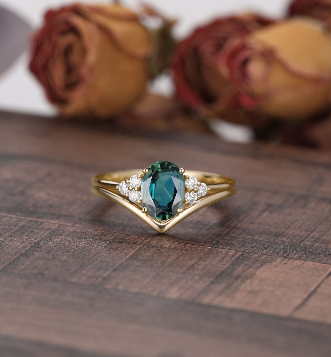 Oval Teal Sapphire Engagement Ring Setblue Green Sapphire - Etsy
