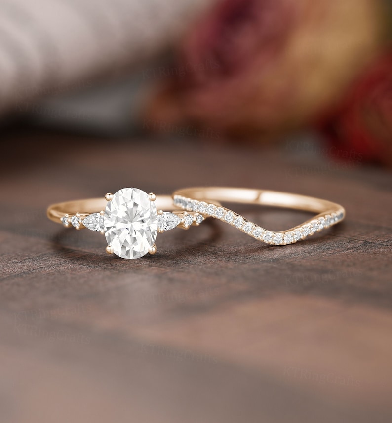Dainty Moissanite Engagement Ring Set, 1.5ct Oval Moissanite Ring, Vintage Rose Gold Cluster Ring, Art Deco Curved Wedding band, Bridal set image 1