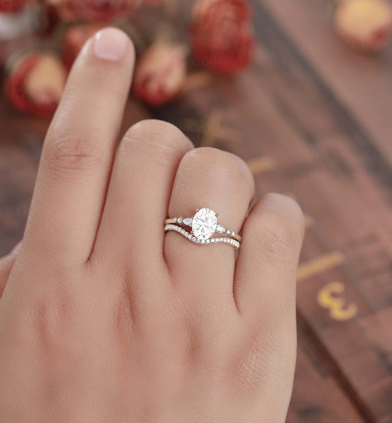 Dainty Moissanite Engagement Ring Set, 1.5ct Oval Moissanite Ring, Vintage Rose Gold Cluster Ring, Art Deco Curved Wedding band, Bridal set image 5