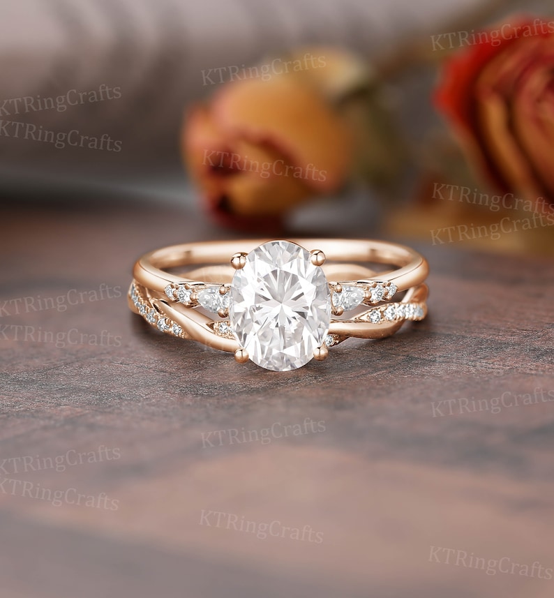 Antique Moissanite Engagement Ring set,2CT Oval Moissanite ring,Solid White Gold,Art Deco Cluster ring,Infinity Wedding band,Promise ring image 9