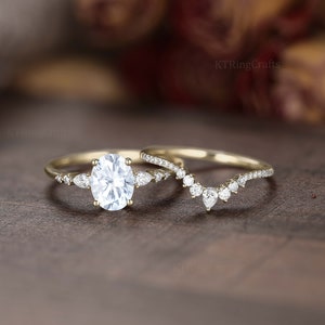 Oval cut Moissanite Engagement Ring set,Stacking ring.14K/18K Rose Gold,vintage Unique pear diamond Cluster ring women, wedding Bridal ring image 9
