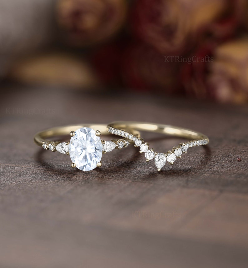 Oval cut Moissanite Engagement Ring set,Stacking ring.14K/18K Rose Gold,vintage Unique pear diamond Cluster ring women, wedding Bridal ring image 9