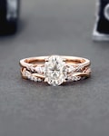 Oval Moissanite Engagement Ring Set, Rose Gold Bridal Set, Vintage Bridal Ring