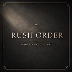 May include: A dark charcoal square graphic with a thin gold border. The text RUSH ORDER is centered in gold serif font, with a small four-pointed star above it. Below, the text PRIORITY PRODUCTION appears in smaller gold capital letters.