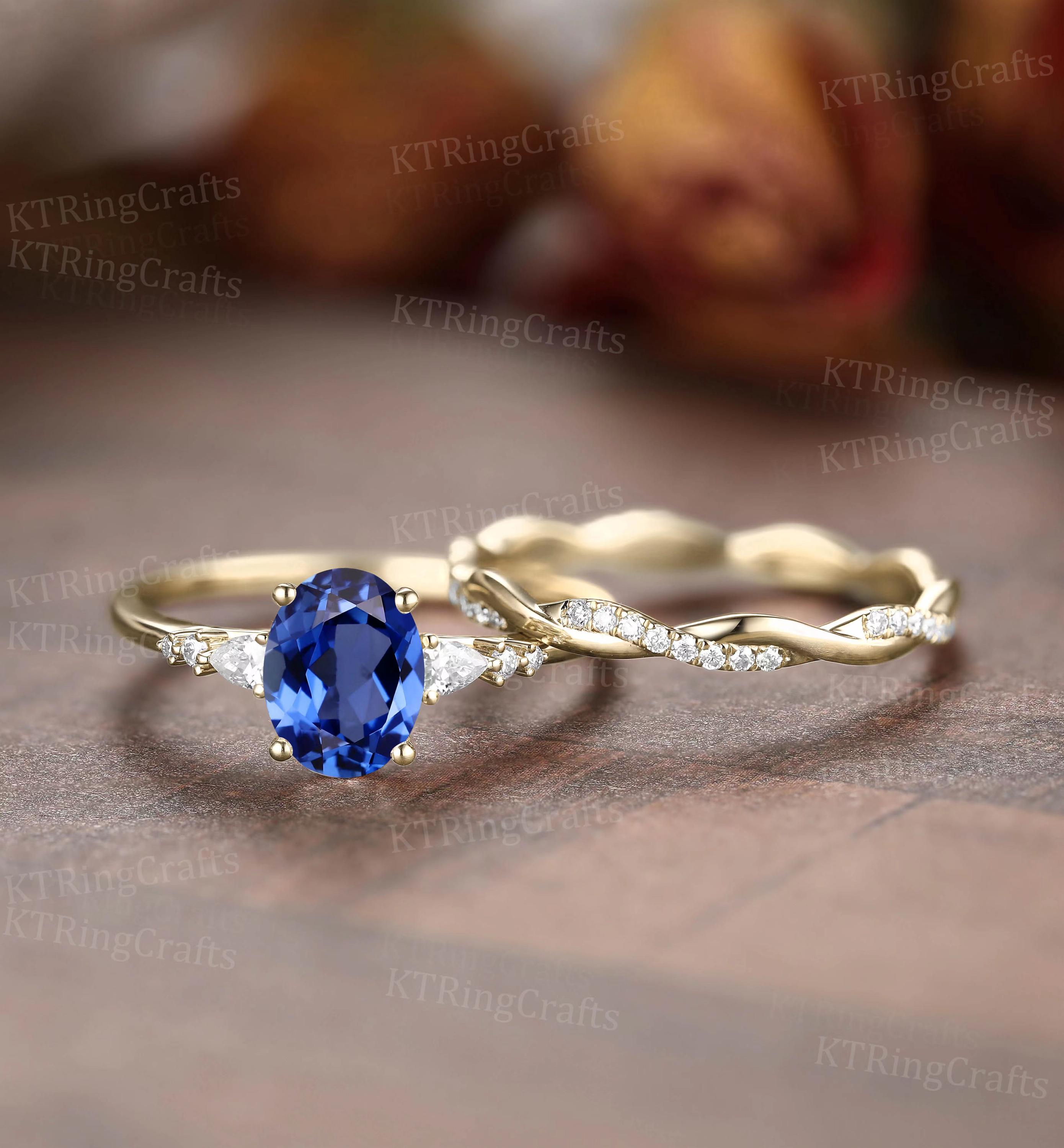 Bague De Mariage/ Fiançailles En Or Blanc 18K - Saphir Bleu Ovale 8,30 Ct, Diamants, Sur Mesure (tailles 4 à 9)