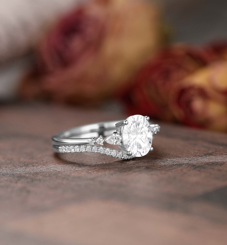 Dainty Moissanite Engagement Ring Set, 1.5ct Oval Moissanite Ring, Vintage Rose Gold Cluster Ring, Art Deco Curved Wedding band, Bridal set image 8