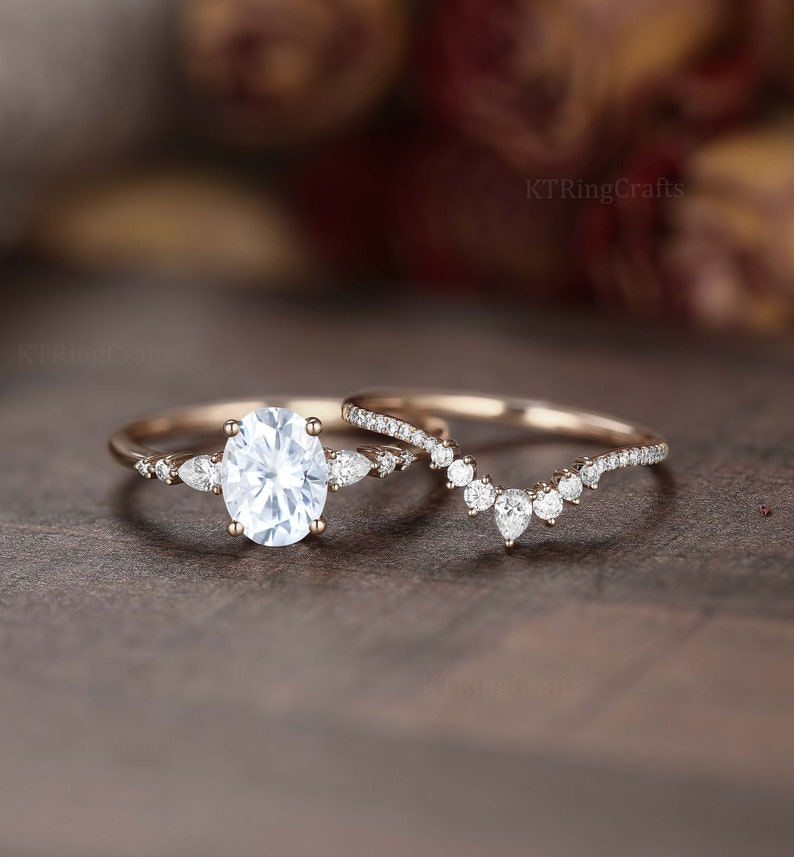 Oval cut Moissanite Engagement Ring set,Stacking ring.14K/18K Rose Gold,vintage Unique pear diamond Cluster ring women, wedding Bridal ring image 1