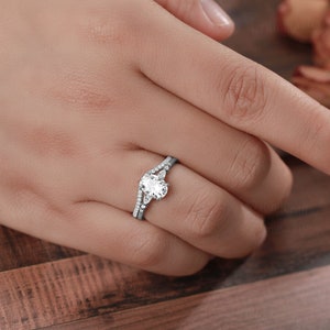 Dainty Moissanite Engagement Ring Set, 1.5ct Oval Moissanite Ring, Vintage Rose Gold Cluster Ring, Art Deco Curved Wedding band, Bridal set image 9