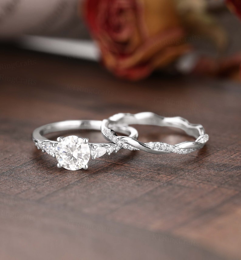 Vintage Moissanite Engagement Ring Set,Round cut Moissanite ring,Diamond Cluster ring,Rose Gold Bridal ring,Twisted Wedding band,Unique ring image 5