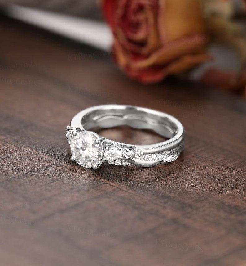 Vintage Moissanite Engagement Ring Set,Round cut Moissanite ring,Diamond Cluster ring,Rose Gold Bridal ring,Twisted Wedding band,Unique ring image 8