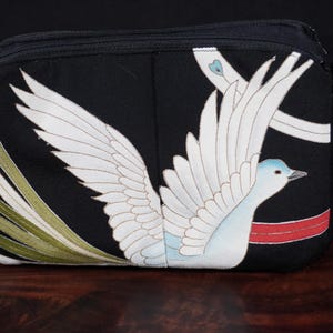 Double zipper clutch with open center compartment  .  Silk Japanese Kimono bird fabric
