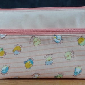 Estuche para cosméticos / billetera / bolígrafo con 2 cremalleras, pájaros japoneses, tela de algodón de Japón.