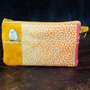 Estuche/cartera con dos cremalleras para cosméticos - Pájaro Shimaenaga de cola larga, tela de algodón de Japón