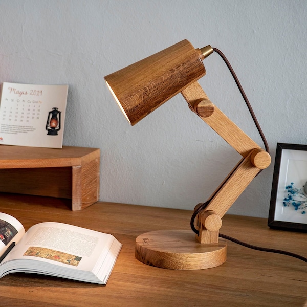 Wooden Table Lamp, Handmade Portable Table Lamp, Adjustable Table Lamp, Wooden Desk Lamp, (Oak & Walnut)