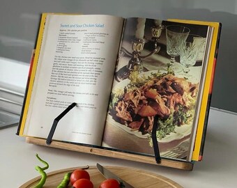 Support de livre de cuisine personnalisé. Porte-livre réglable en bois. Support pour iPad. Support pour tablette et téléphone portable. Cadeau personnalisé.