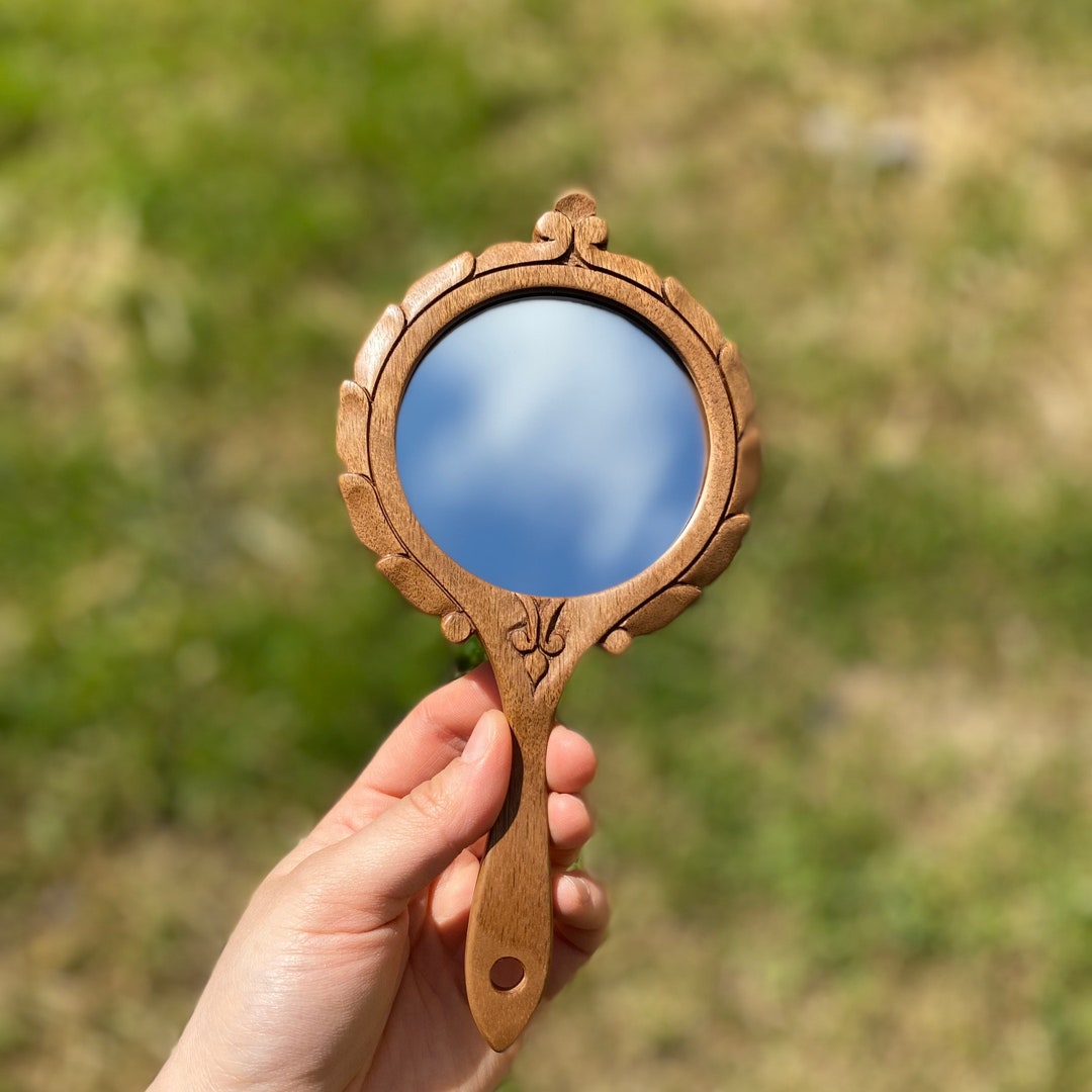 Premium Hand Mirror Custom Design Elegant Hand Carved, Wooden Pocket