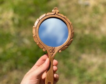 Premium Hand Mirror - Custom Design Elegant Hand Carved, Wooden Pocket Mirror - A Personalized Unique Special Gift!