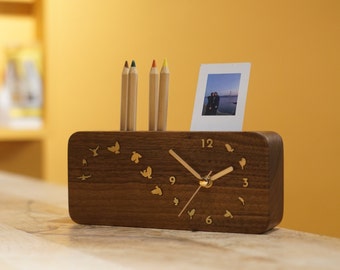 Stifthalter aus Holz mit Uhr - Holz Tischuhr, Holz Bleistifthalter, Dekorative Uhr Schreibtisch Organizer, Stifthalter für Schreibtisch.