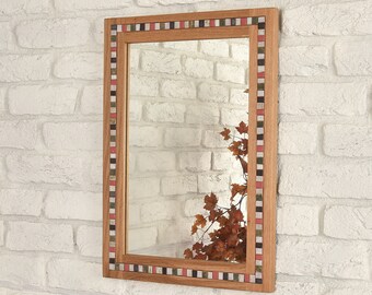 Oak Wooden Wall Mirror | Handmade Ceramic Detailed Mirror. Hanging Wall Mirror. Wall Mirror Decor. Special Gift