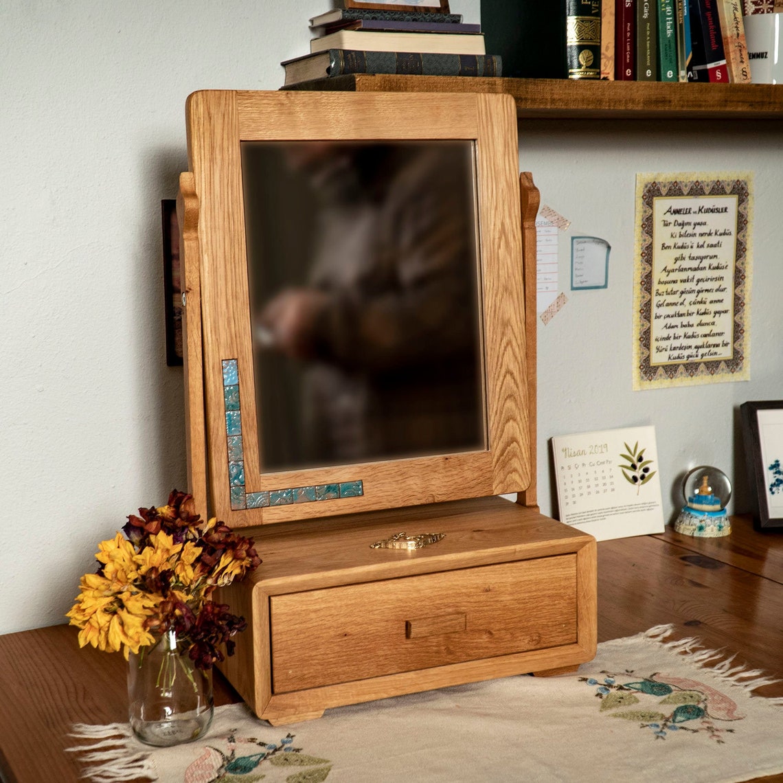 Wood Vanity Mirror on Stand with Jewelry Drawer. Natural Etsy