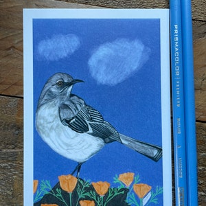 Nordspottvogelpostkarte, Nordspottvogelpostkarte, Nordspottvogel in der kalifornischen Mohnblumenpostkarte, kalifornische wild lebende Tiere Postkarte