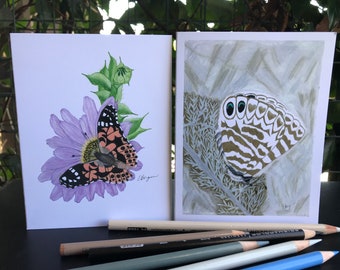 Butterfly set, marine blue butterfly, painted lady butterfly, winter butterfly, spring butterfly, wildlife art, Wildlife card, card set