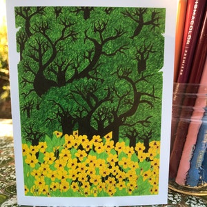 Bos, eikenbossen, Florest vloer, natuurkaart, boskaart, violetkaart, bloemenkaart, boomnotitiekaart, wildflower briefpapier, wilde bloem