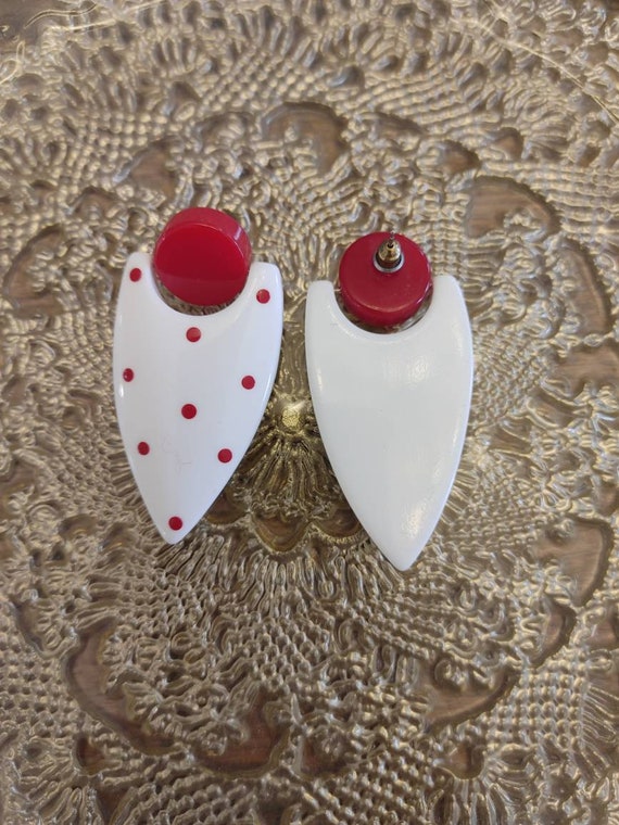 Vintage Red & White Polka Dot Drop Earrings 80s 9… - image 4