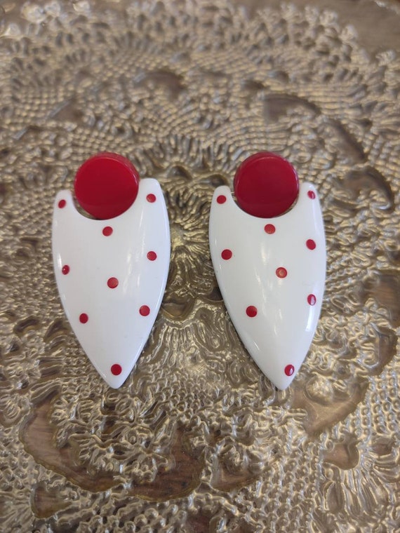 Vintage Red & White Polka Dot Drop Earrings 80s 9… - image 1