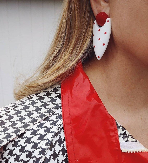 Vintage Red & White Polka Dot Drop Earrings 80s 9… - image 2